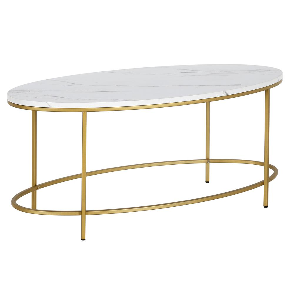 Francesca 42'' Wide Oval Coffee Table with Faux Marble Top in Brass/Faux Marble
