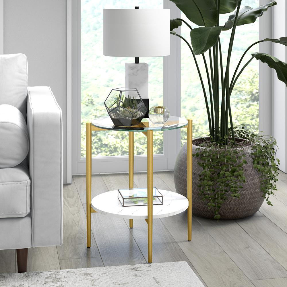 Otto 20'' Wide Round Side Table with Faux Marble Shelf in Gold and Faux Marble