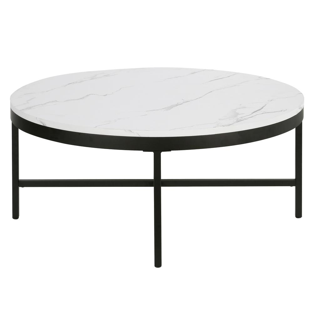 Xivil 36'' Wide Round Coffee Table with Faux Marble Top in Blackened Bronze/Faux Marble