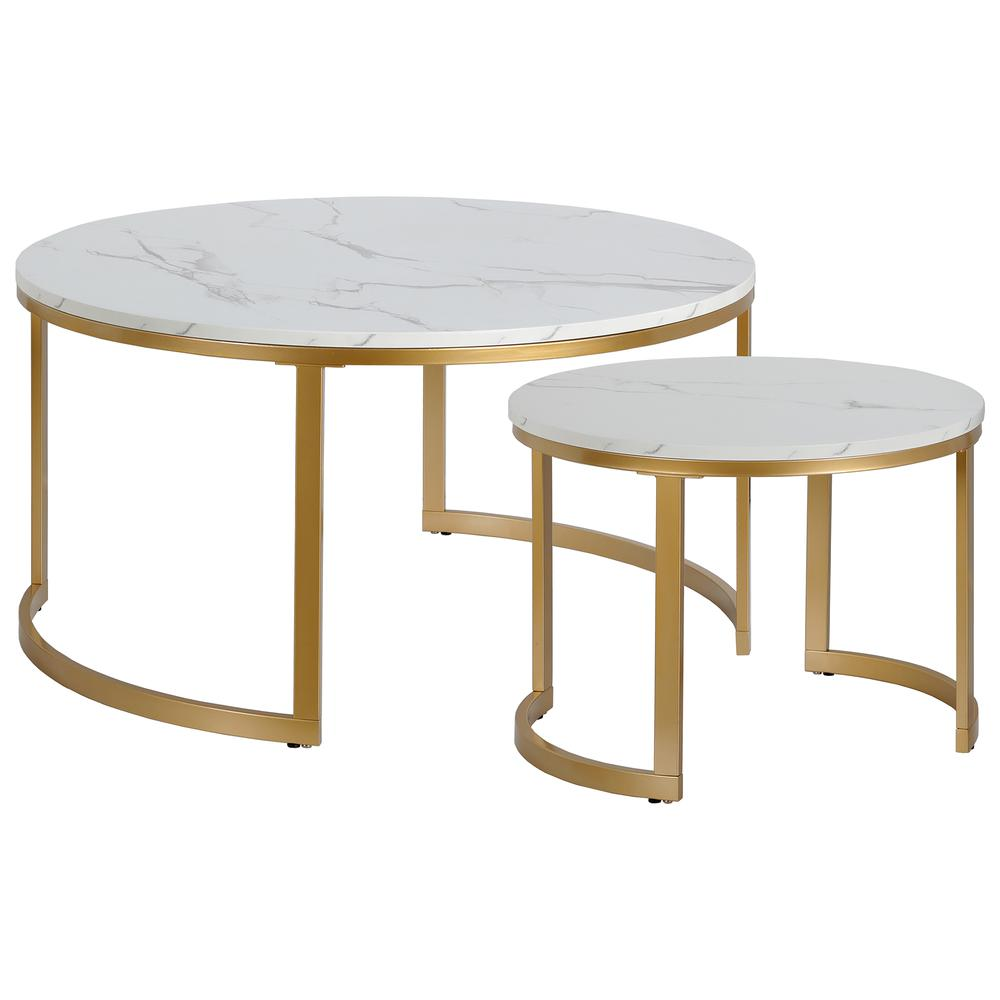 Mitera Round Nested Coffee Table with Faux Marble Top in Brass/Faux Marble