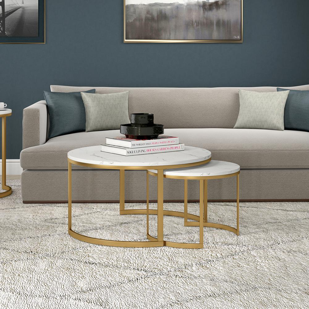 Mitera Round Nested Coffee Table with Faux Marble Top in Brass/Faux Marble
