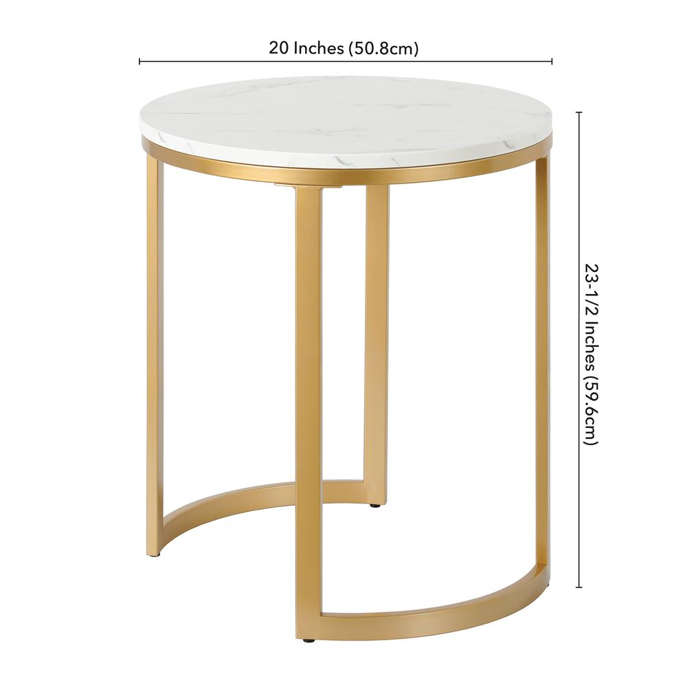 Mitera 20" Wide Round Side Table with Faux Marble Top in Brass/Faux Marble