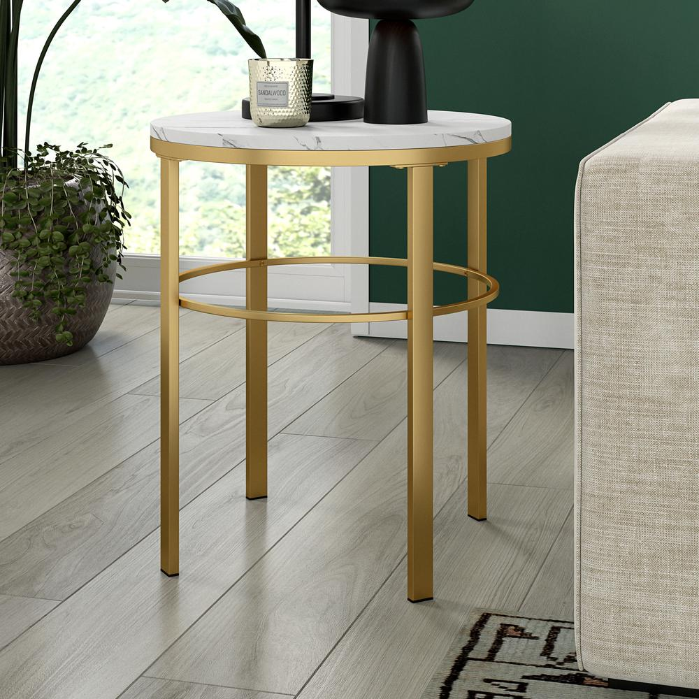 Gaia 20" Wide Round Side Table with Faux Marble Top in Brass/Faux Marble